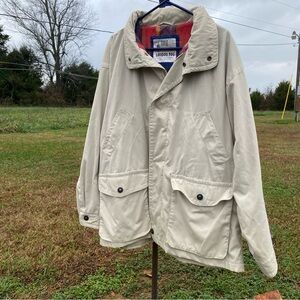 Vintage London Fog L Heavy Winter Denim Coat with Plaid Inner Lining GUC